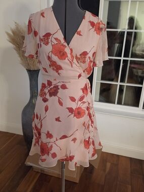 All in Favor Pink Mini Wrap Dress with Red Floral Print